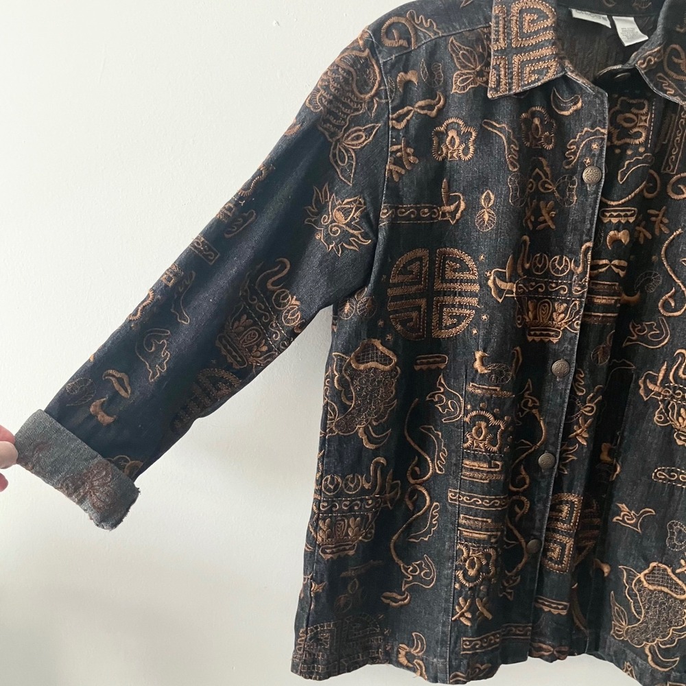 Chico's Embroidered Denim Jacket Black and Brown Boho Western Size 1 medium - Picture 5 of 6